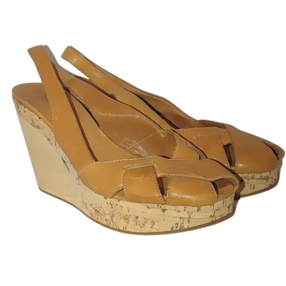 Jil Sander Shoes - Jill Sander Platform Cork Wood Leather Slingback Sandal 38.5 Neutral Warm Tan